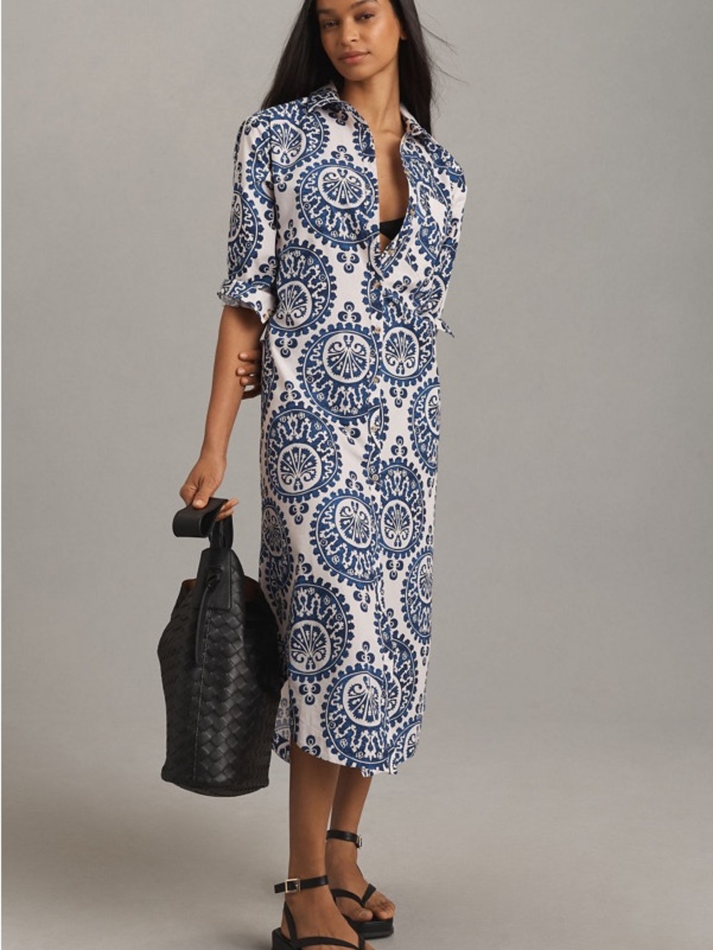 Maeve Button-Front Midi Shirt Dress in Blue Medallion Print